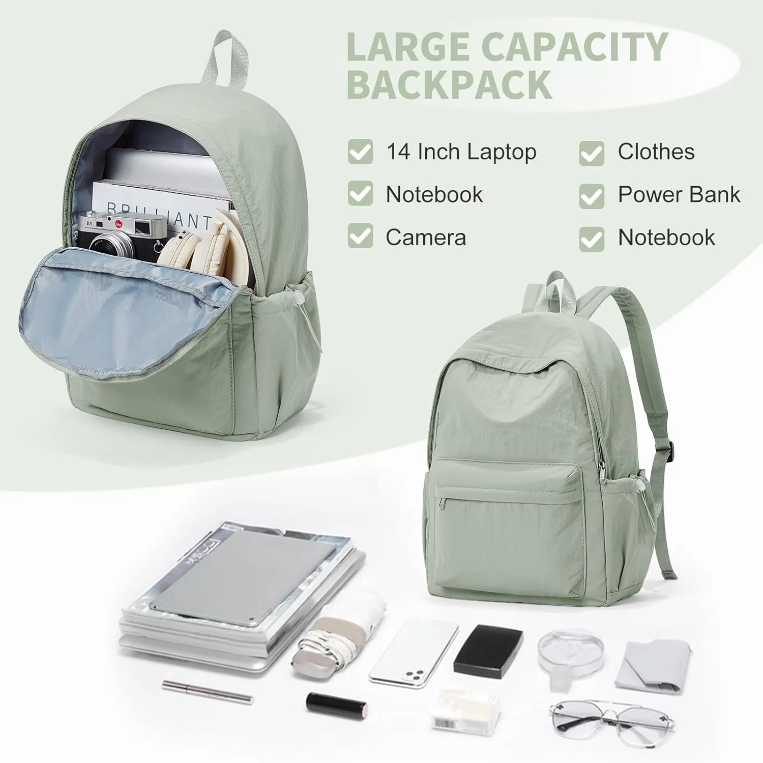 Backpacks For School Teens Girls Boys,Lightweight Casual Daypack College Backpacks,Aesthetic High School Backpack Laptop 14inch,Bookbag For Women Men(Green)