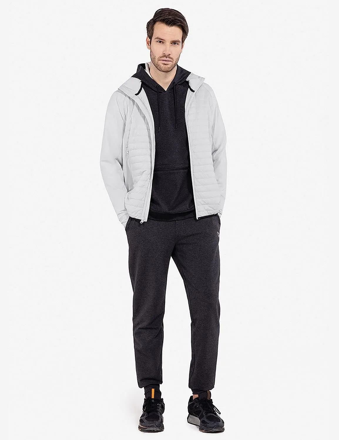 baleaf Men's Running Jacket Lightweight Thumble Hole Warm Up Puffer Jacket Hybrid Thermal Coat Insulated Hiking Golf