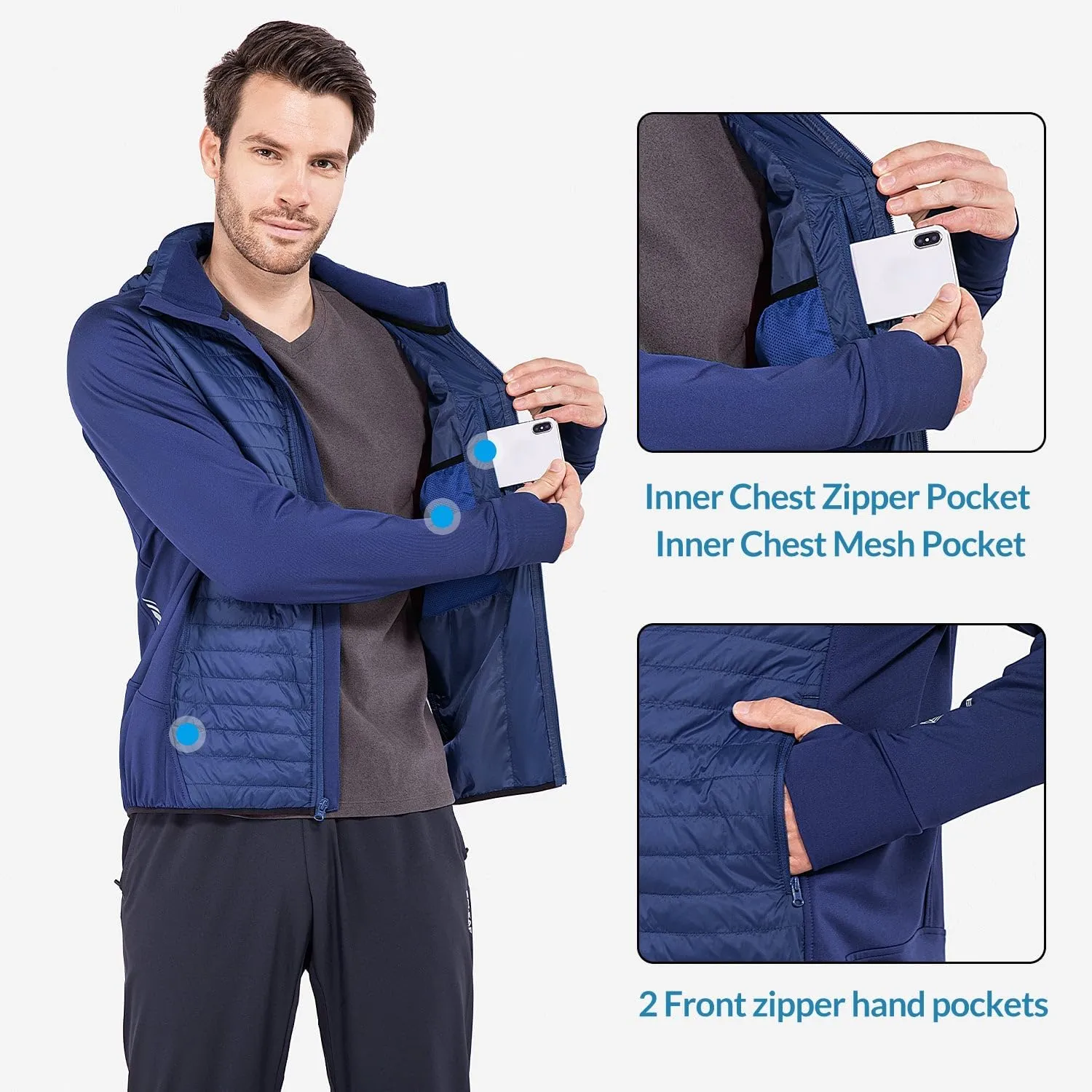 baleaf Men's Running Jacket Lightweight Thumble Hole Warm Up Puffer Jacket Hybrid Thermal Coat Insulated Hiking Golf