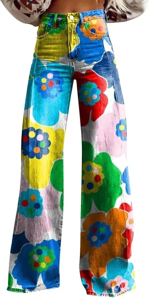 Bell Bottom Pants for Women Button High Waist Bell Bottom Leggings Trouser Casual Floral Flared Pants Twill