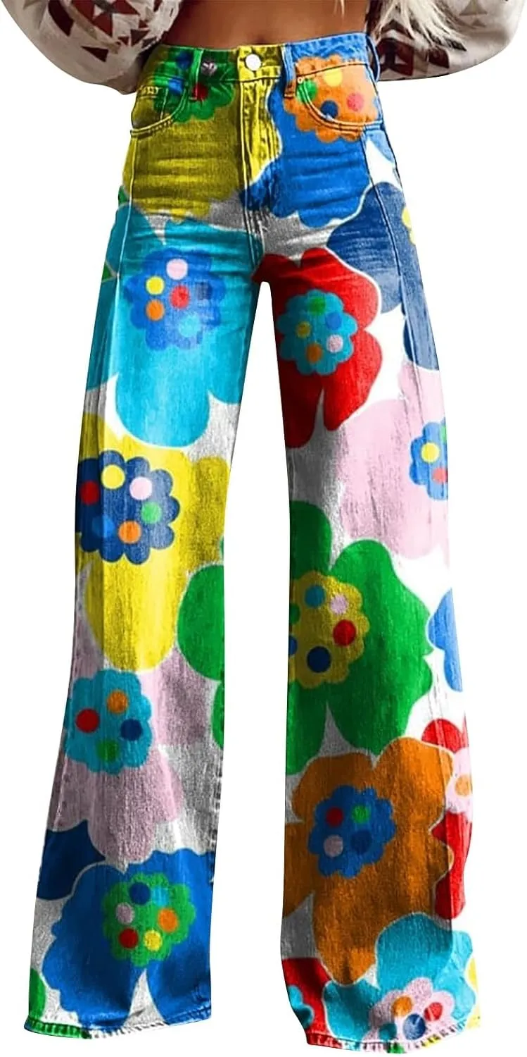 Bell Bottom Pants for Women Button High Waist Bell Bottom Leggings Trouser Casual Floral Flared Pants Twill