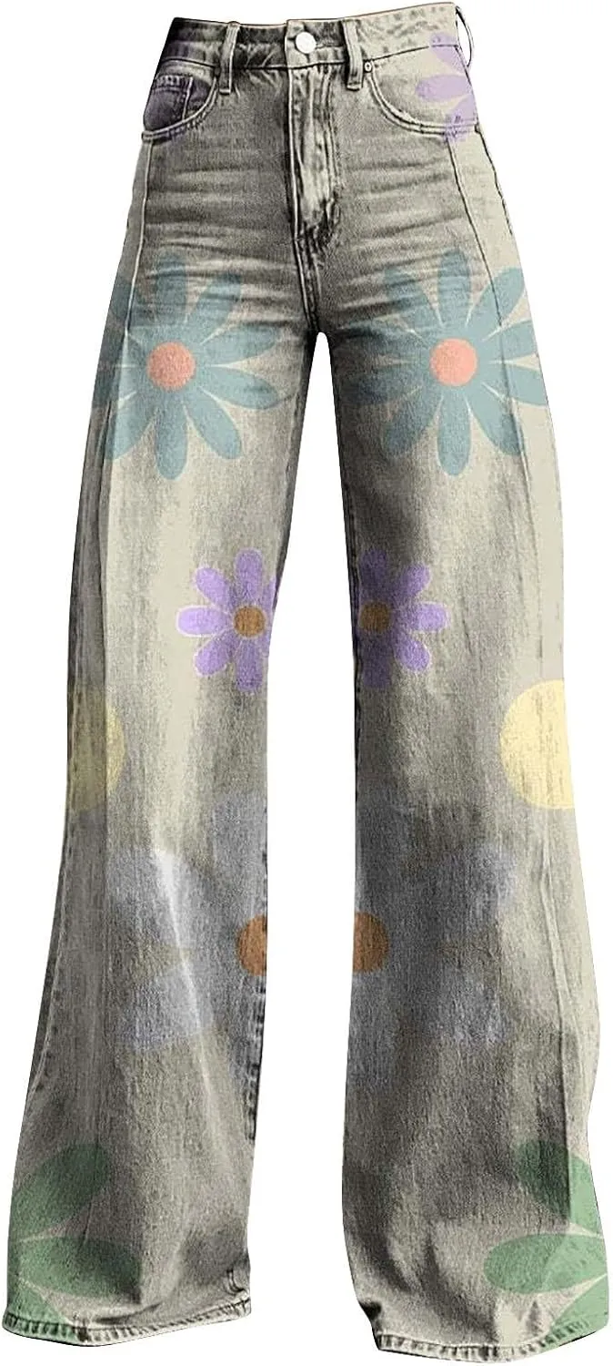 Bell Bottom Pants for Women Button High Waist Bell Bottom Leggings Trouser Casual Floral Flared Pants Twill
