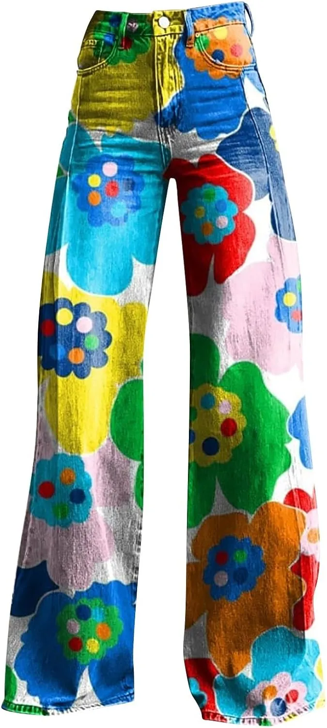 Bell Bottom Pants for Women Button High Waist Bell Bottom Leggings Trouser Casual Floral Flared Pants Twill