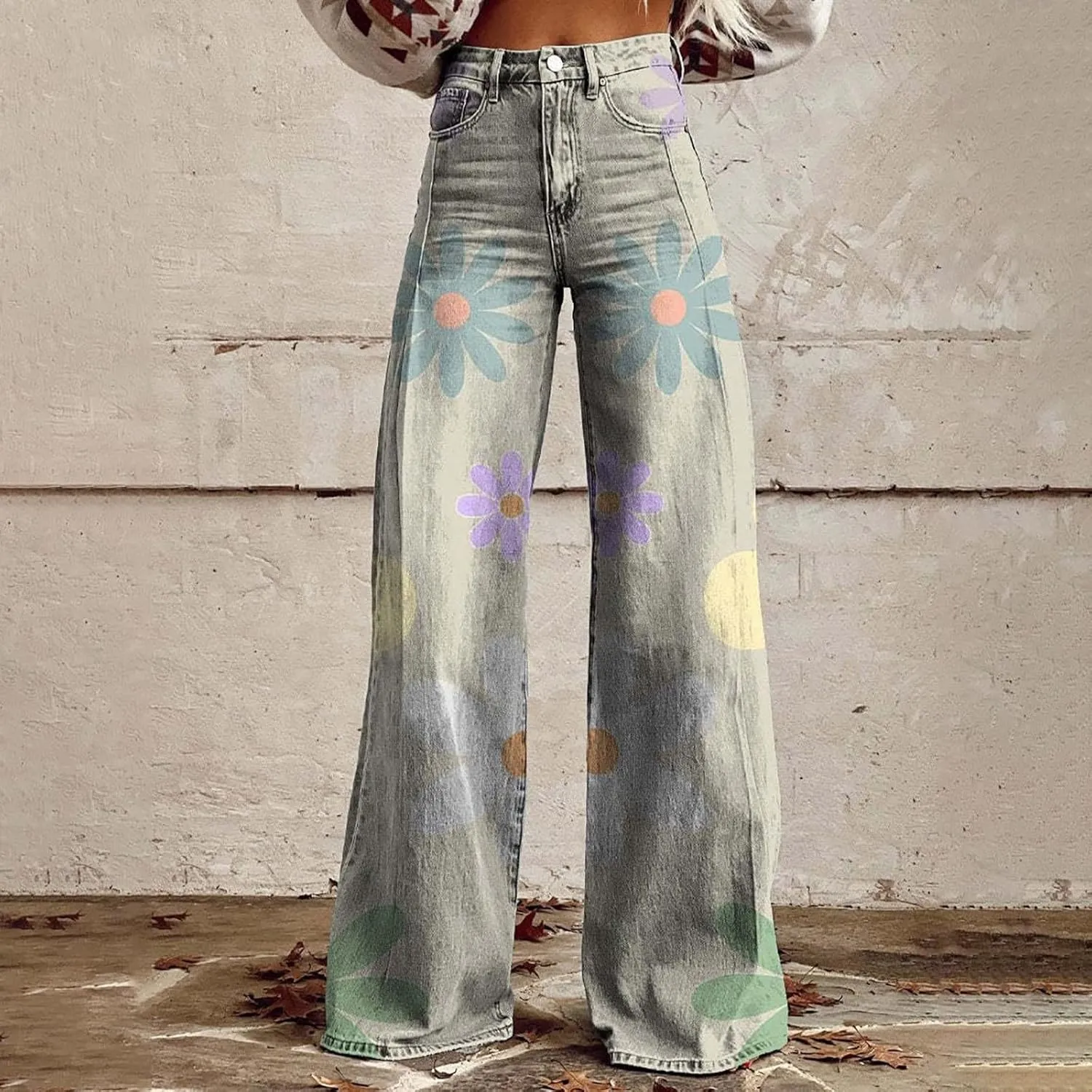 Bell Bottom Pants for Women Button High Waist Bell Bottom Leggings Trouser Casual Floral Flared Pants Twill