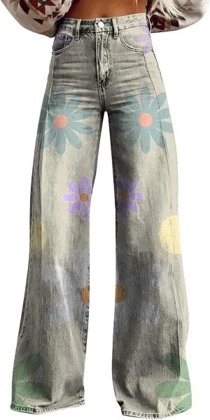 Bell Bottom Pants for Women Button High Waist Bell Bottom Leggings Trouser Casual Floral Flared Pants Twill