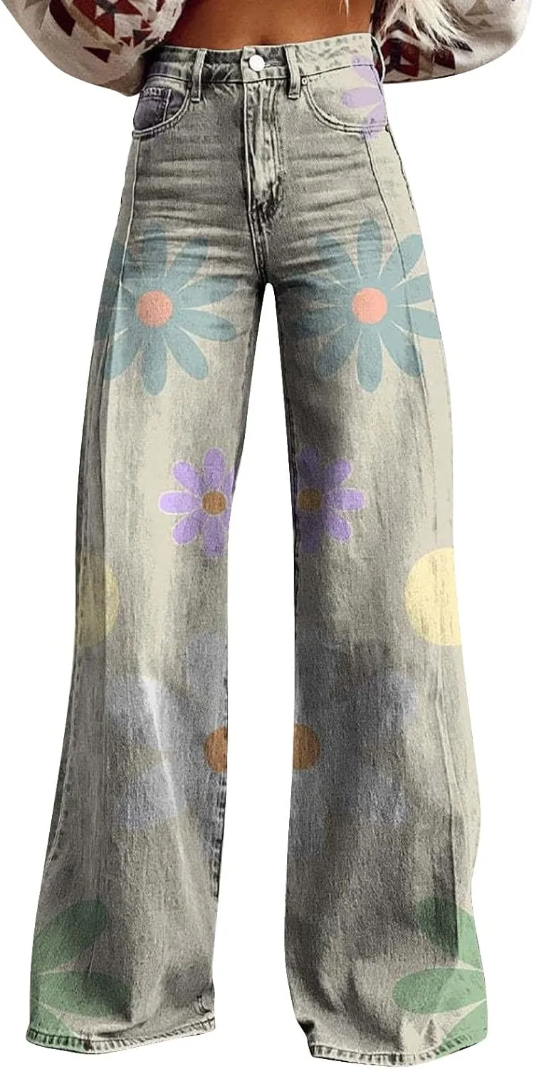 Bell Bottom Pants for Women Button High Waist Bell Bottom Leggings Trouser Casual Floral Flared Pants Twill