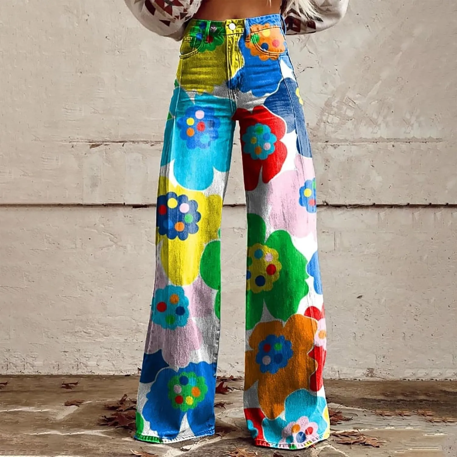 Bell Bottom Pants for Women Button High Waist Bell Bottom Leggings Trouser Casual Floral Flared Pants Twill