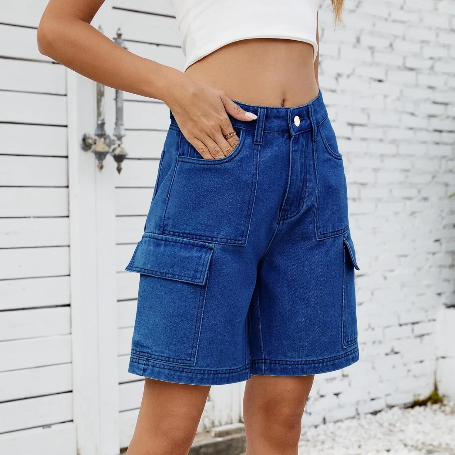 Bermuda Shorts for Women High Waisted Cargo Shorts Classic Casual Long Jean Shorts Stretchy Denim Jorts with Pockets