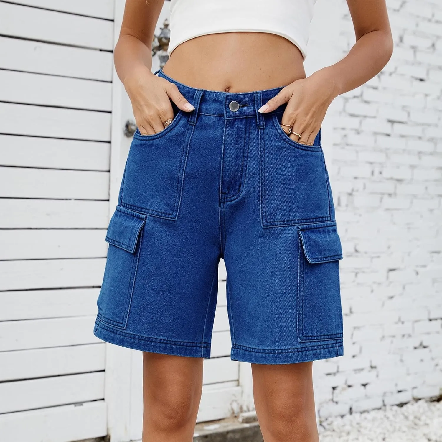 Bermuda Shorts for Women High Waisted Cargo Shorts Classic Casual Long Jean Shorts Stretchy Denim Jorts with Pockets