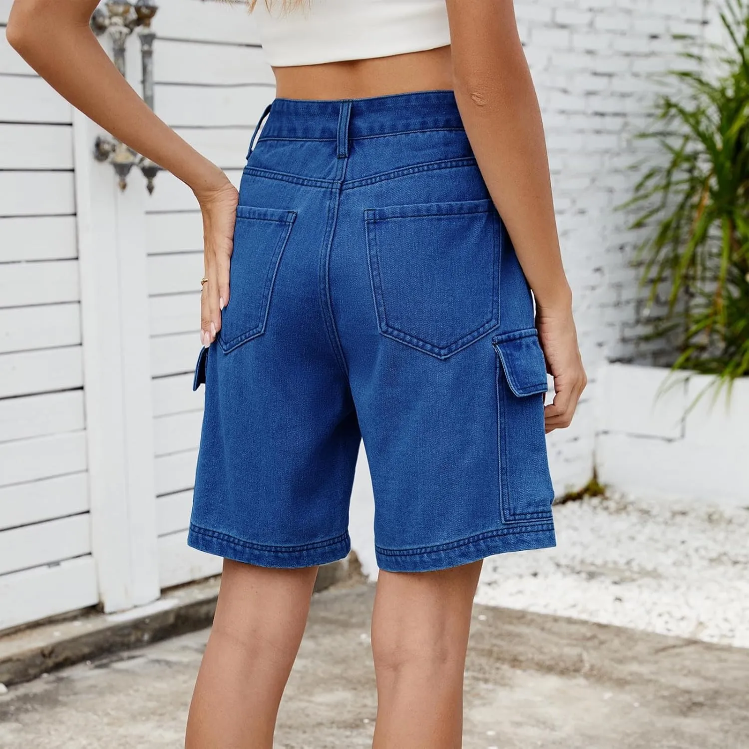 Bermuda Shorts for Women High Waisted Cargo Shorts Classic Casual Long Jean Shorts Stretchy Denim Jorts with Pockets