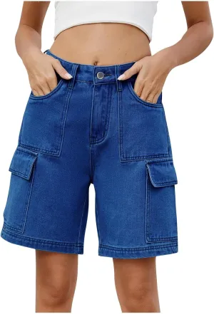 Bermuda Shorts for Women High Waisted Cargo Shorts Classic Casual Long Jean Shorts Stretchy Denim Jorts with Pockets