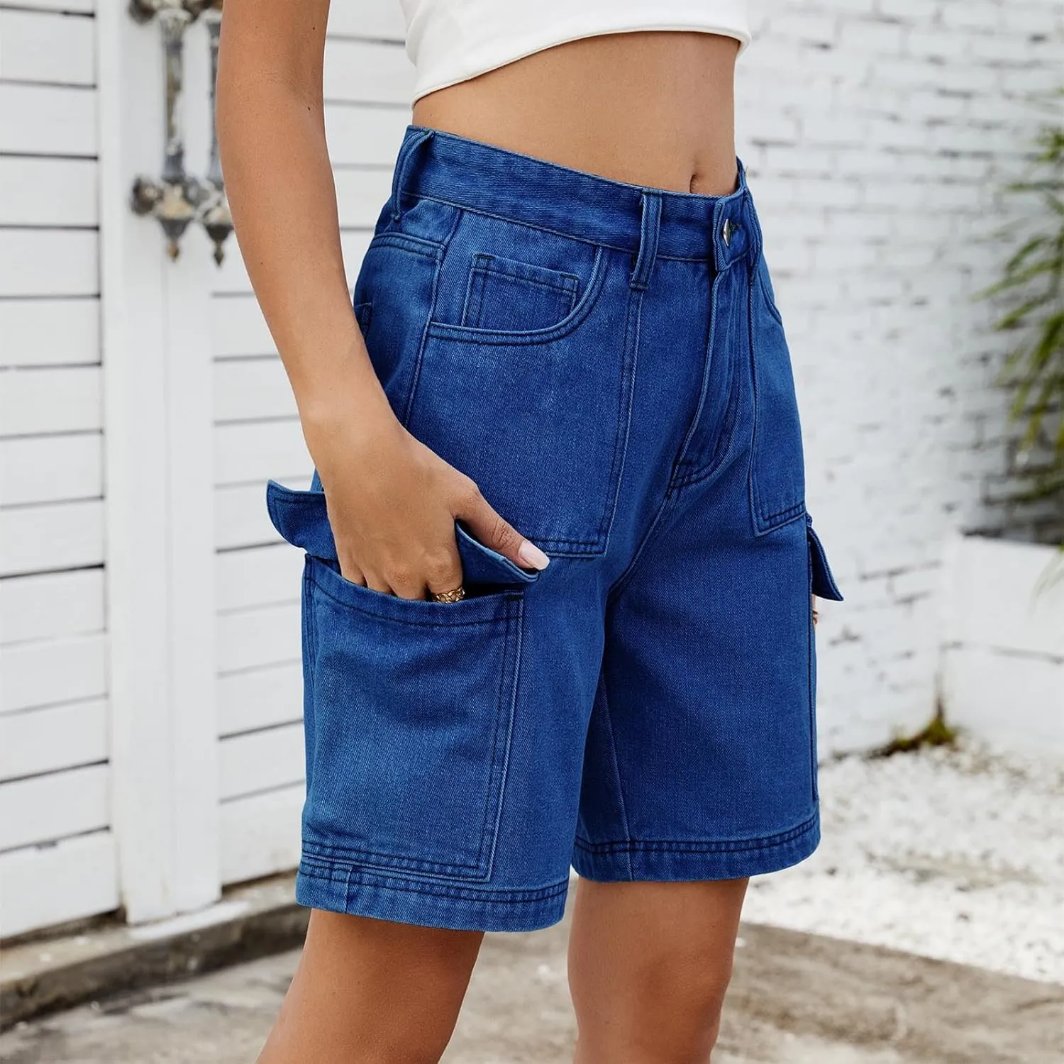 Bermuda Shorts for Women High Waisted Cargo Shorts Classic Casual Long Jean Shorts Stretchy Denim Jorts with Pockets