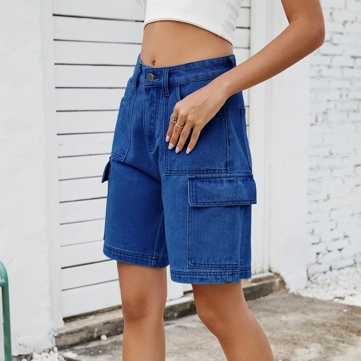 Bermuda Shorts for Women High Waisted Cargo Shorts Classic Casual Long Jean Shorts Stretchy Denim Jorts with Pockets