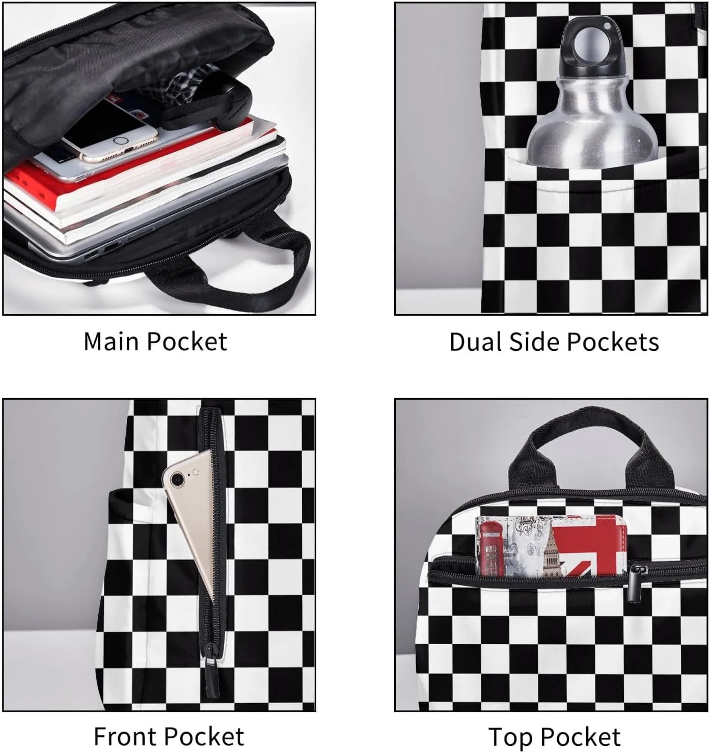 Black and White Checkered Race Flag Casual Backpacks Laptop Backpack Outdoor Travel Rucksack Sport Carry-On Daypack Lightweight Bag with Multi-Pockets