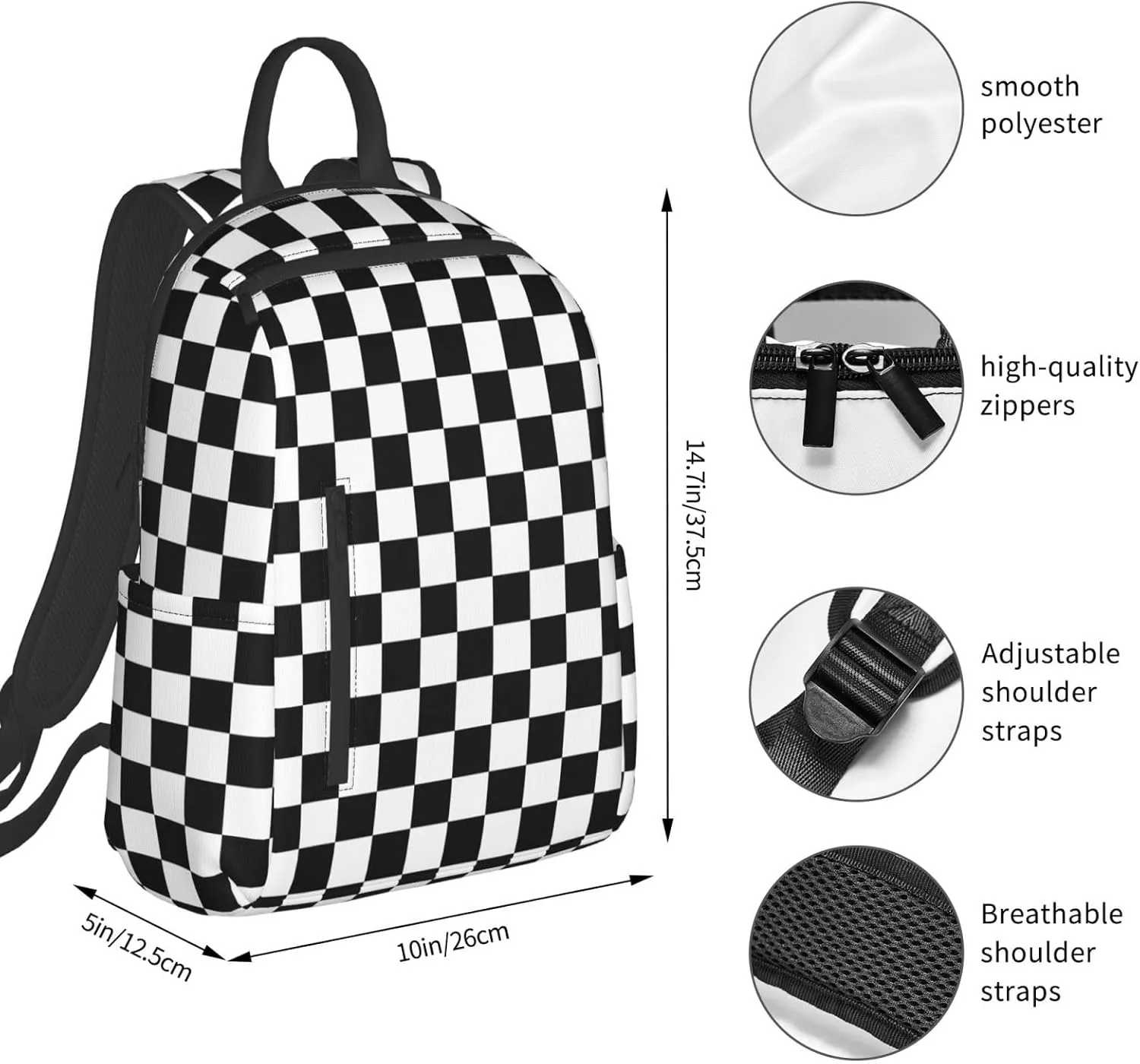 Black and White Checkered Race Flag Casual Backpacks Laptop Backpack Outdoor Travel Rucksack Sport Carry-On Daypack Lightweight Bag with Multi-Pockets