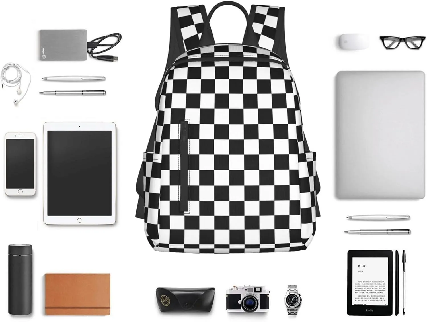Black and White Checkered Race Flag Casual Backpacks Laptop Backpack Outdoor Travel Rucksack Sport Carry-On Daypack Lightweight Bag with Multi-Pockets