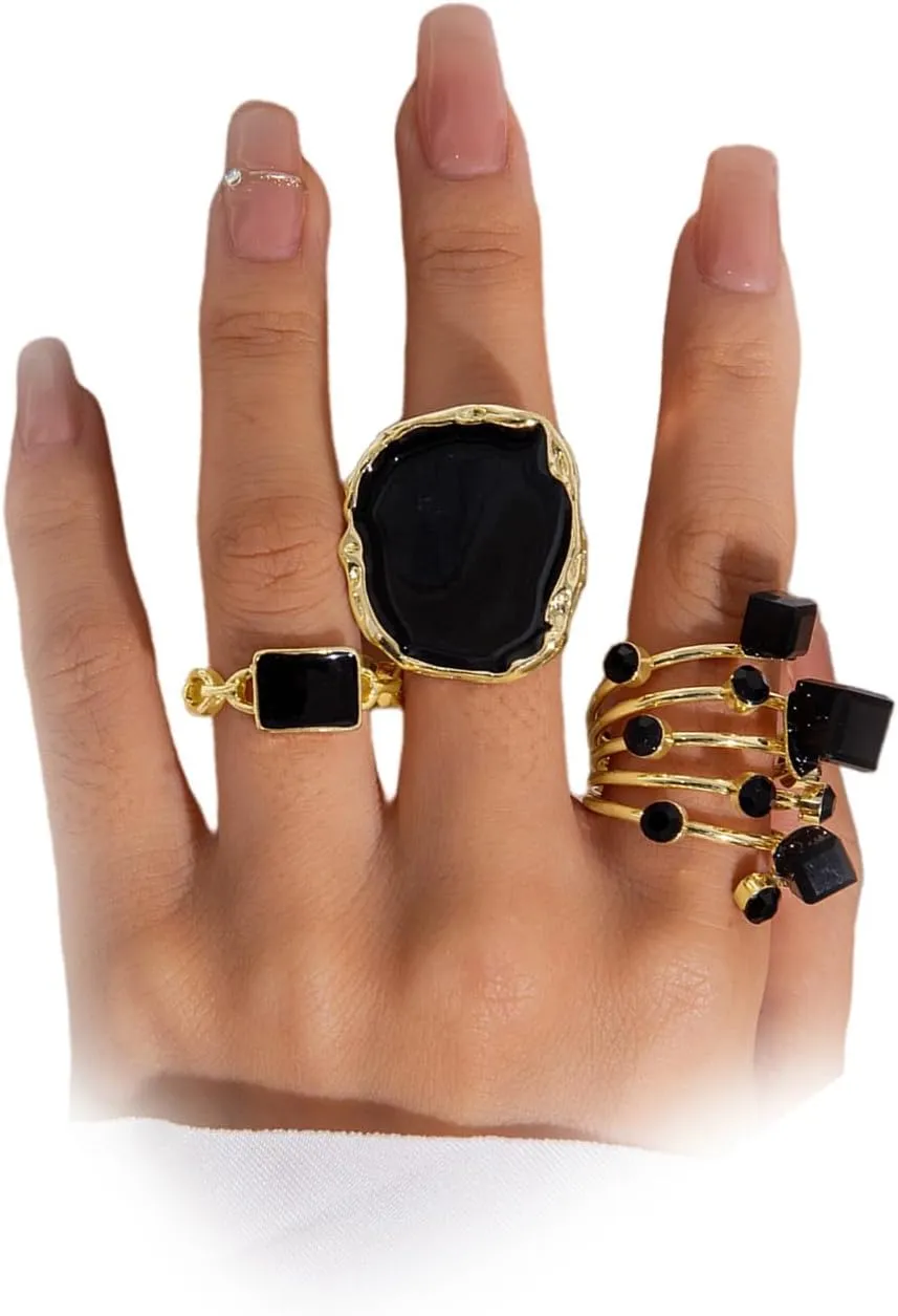 Black Chunky Enamel Large Statement Rings Set for Women Vintage Stackable Dripping Oil Open Ring Exaggerated Cocktail Finger Jewelry Set Dark Gifts