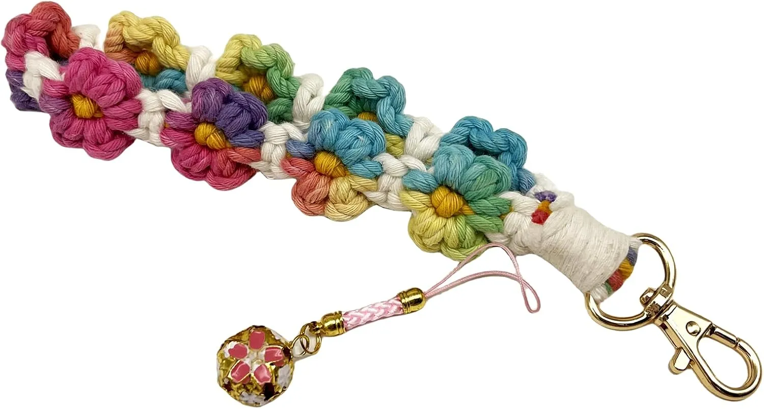 Boho Keychain Wristlet for Women Handmade Daisy Weave Bracelet with Bell Cute Macrame Floral Lanyard for Keys
