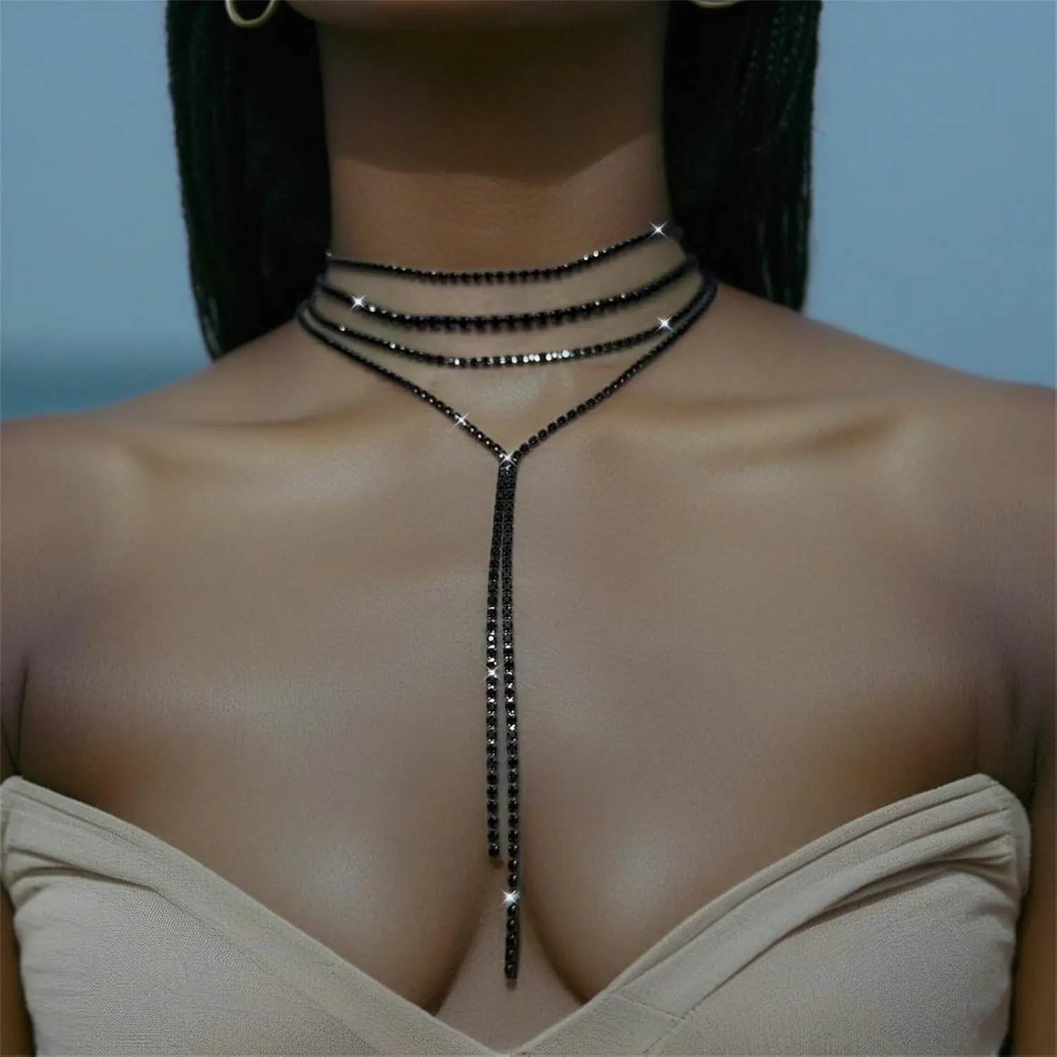 Boho Layered Necklaces for Women Fashion Y Long Neckalce Statement Long Sweater Chain Necklace Black Gold Silver Shiny Rhinestones Choker Necklace Wedding Bridal Jewerly