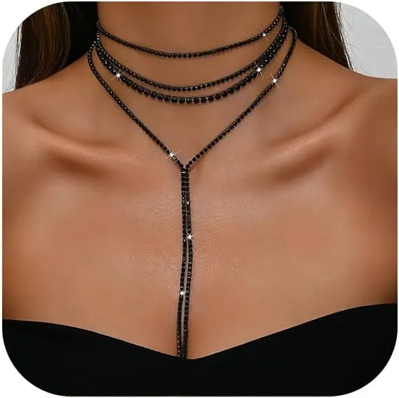 Boho Layered Necklaces for Women Fashion Y Long Neckalce Statement Long Sweater Chain Necklace Black Gold Silver Shiny Rhinestones Choker Necklace Wedding Bridal Jewerly