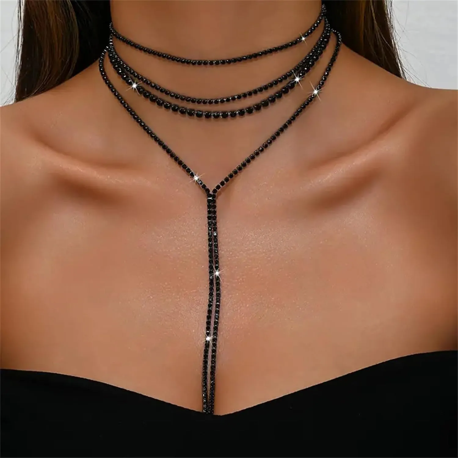 Boho Layered Necklaces for Women Fashion Y Long Neckalce Statement Long Sweater Chain Necklace Black Gold Silver Shiny Rhinestones Choker Necklace Wedding Bridal Jewerly