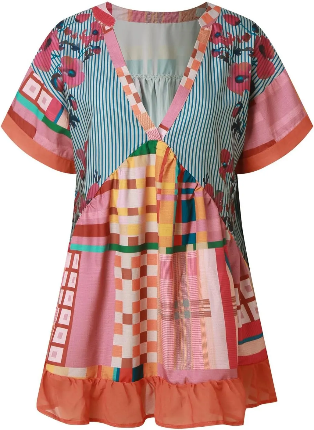 Boho Mini Dresses for Women Summer Y2K Casual Short Sleeve Beach Sexy Deep V Neck Ruffle Floral Flowy Babydoll Dress