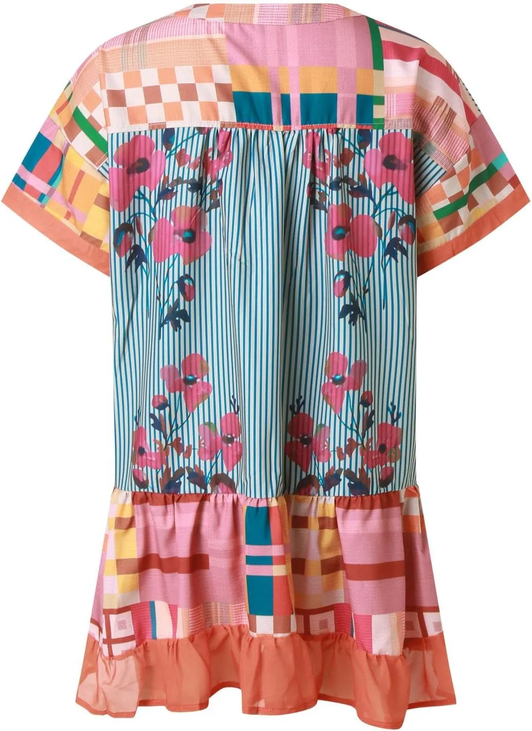 Boho Mini Dresses for Women Summer Y2K Casual Short Sleeve Beach Sexy Deep V Neck Ruffle Floral Flowy Babydoll Dress
