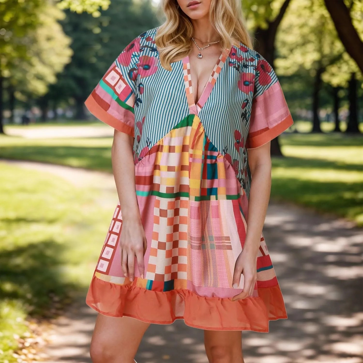 Boho Mini Dresses for Women Summer Y2K Casual Short Sleeve Beach Sexy Deep V Neck Ruffle Floral Flowy Babydoll Dress