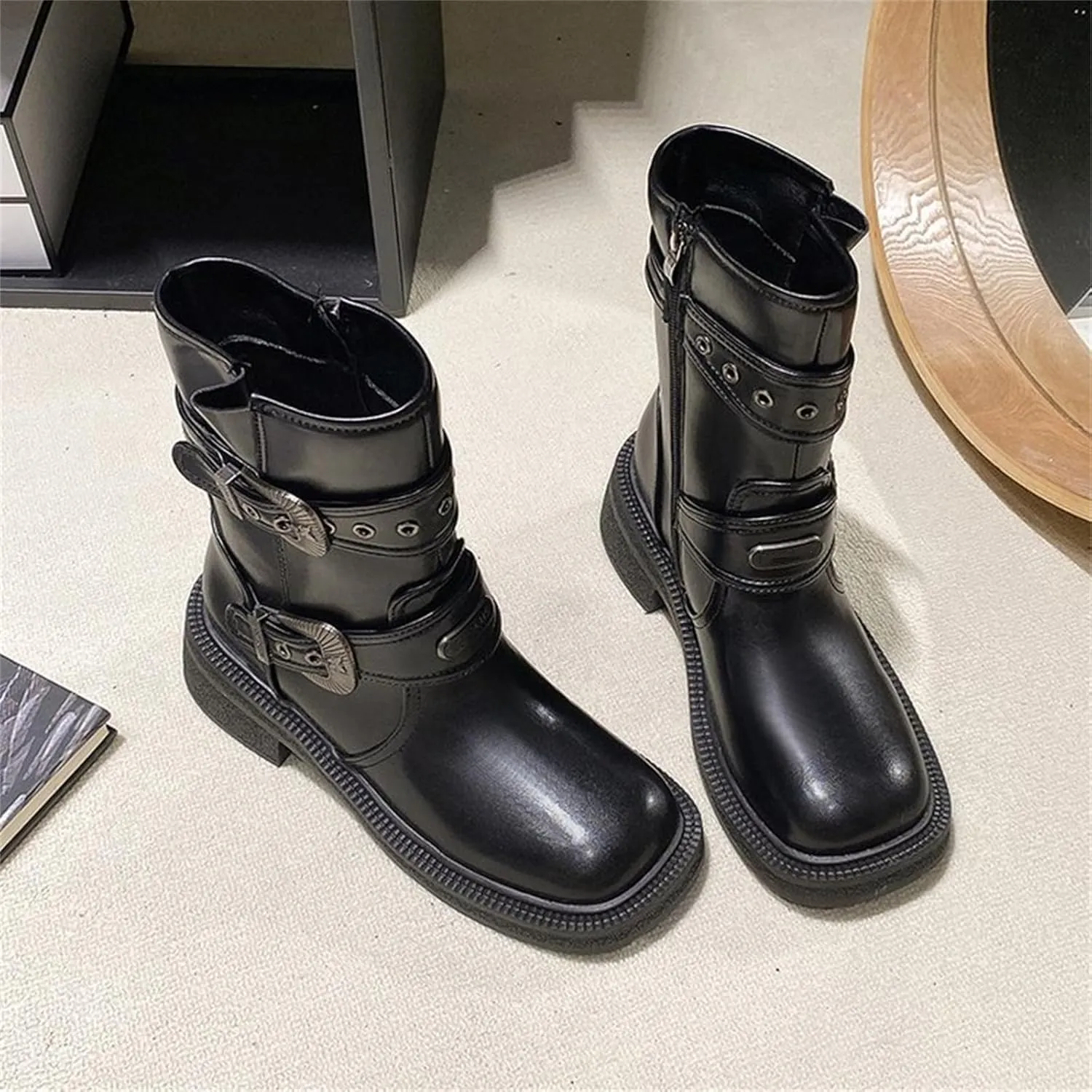 Boots Women Wide Ankle Boots for Women Gold Booties for Women Black Heels for Women Chunky Heel Womens Booties and Ankle Boots Leather Low Heel Ankle Boot
