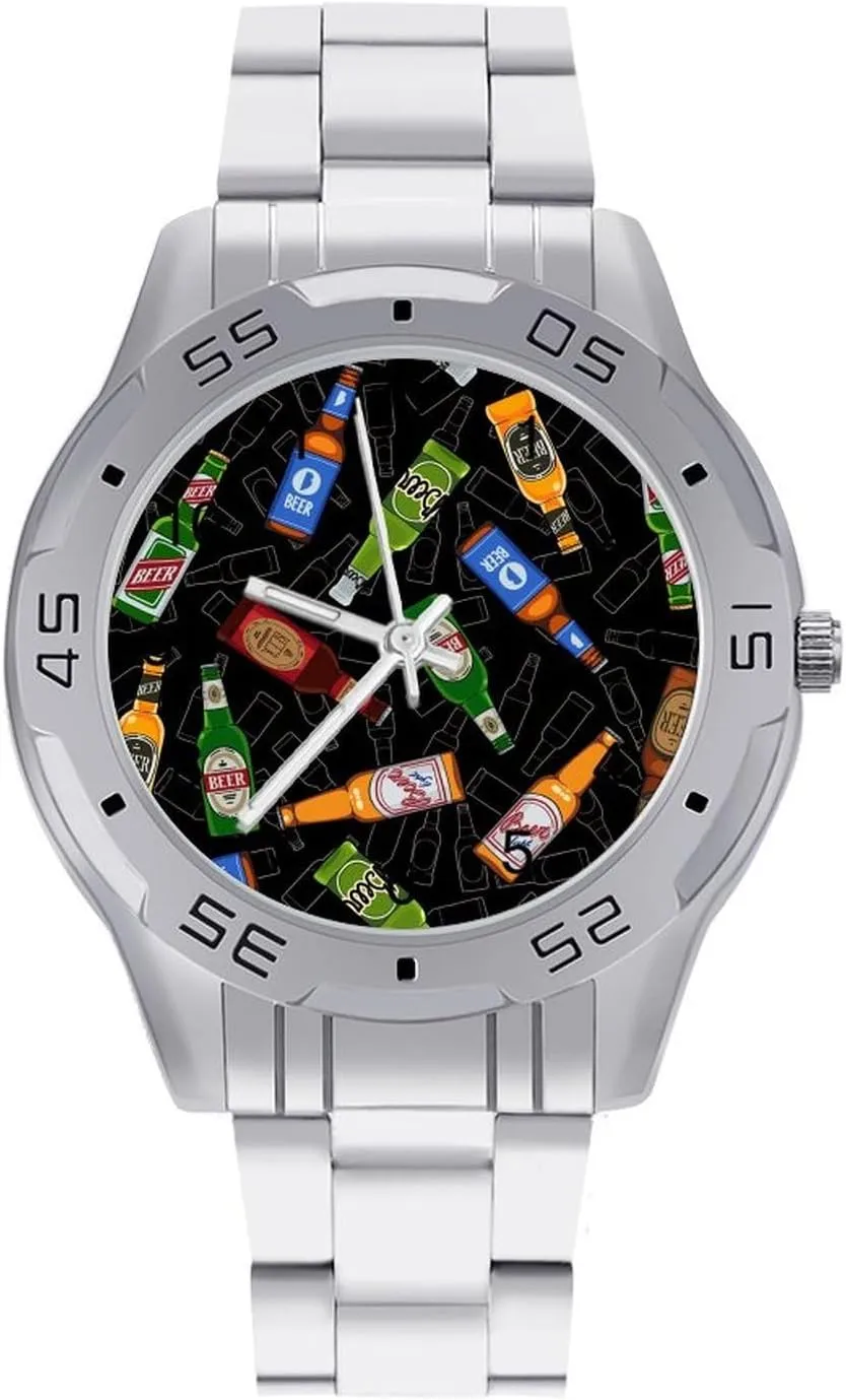 Bottles of Beer Classic Wrist Watches for Men Casual Business Dress Watch with Stainless Steel Band Work Party