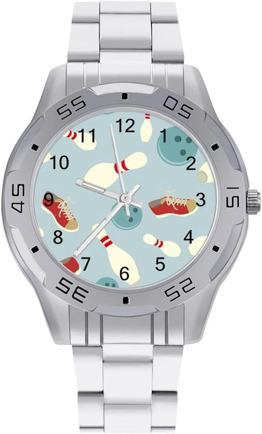 Bowling and Shoes Classic Wrist Watches for Men Casual Business Dress Watch with Stainless Steel Band Work Party