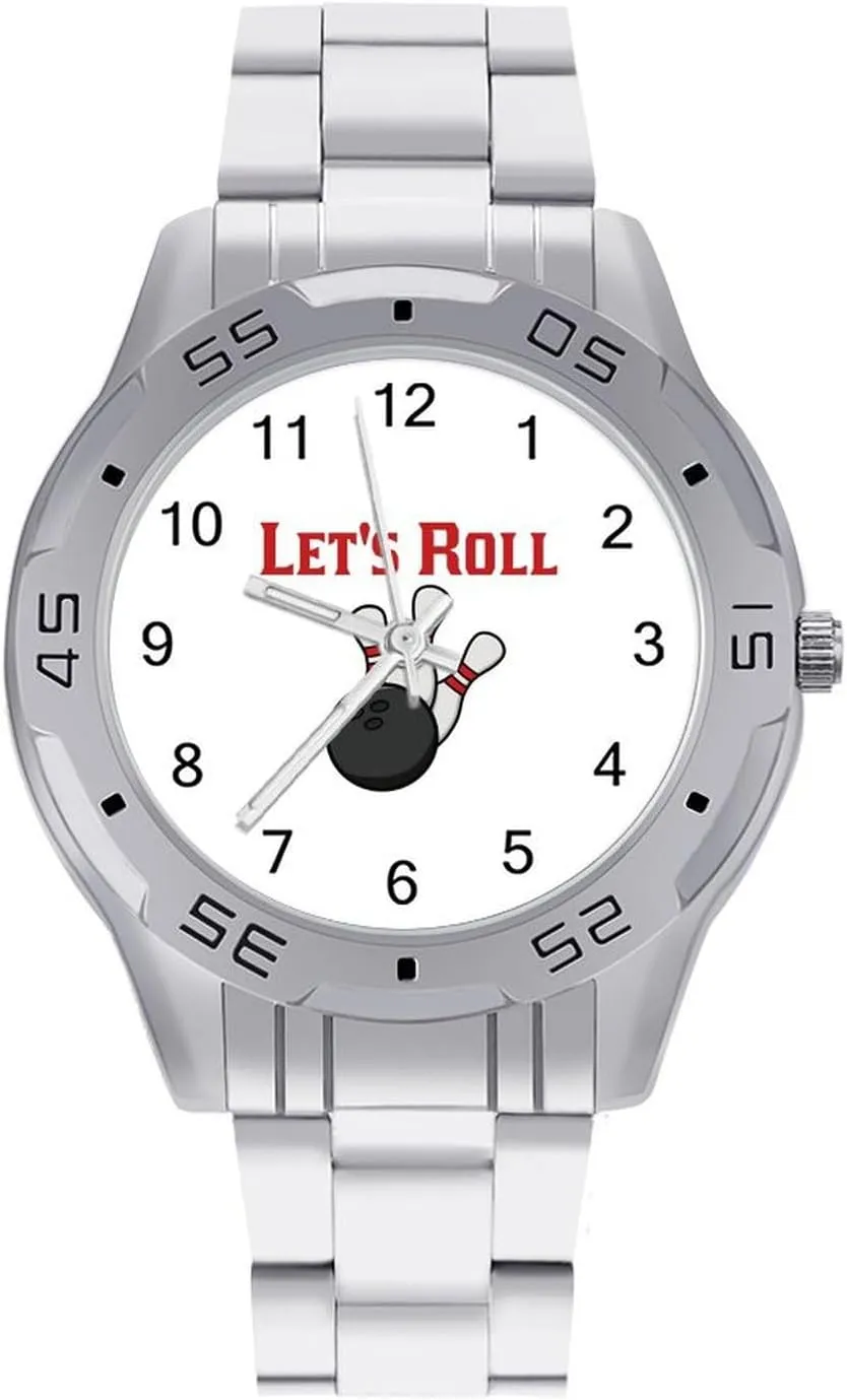 Bowling Let's Roll Classic Wrist Watches for Men Casual Business Dress Watch with Stainless Steel Band Work Party
