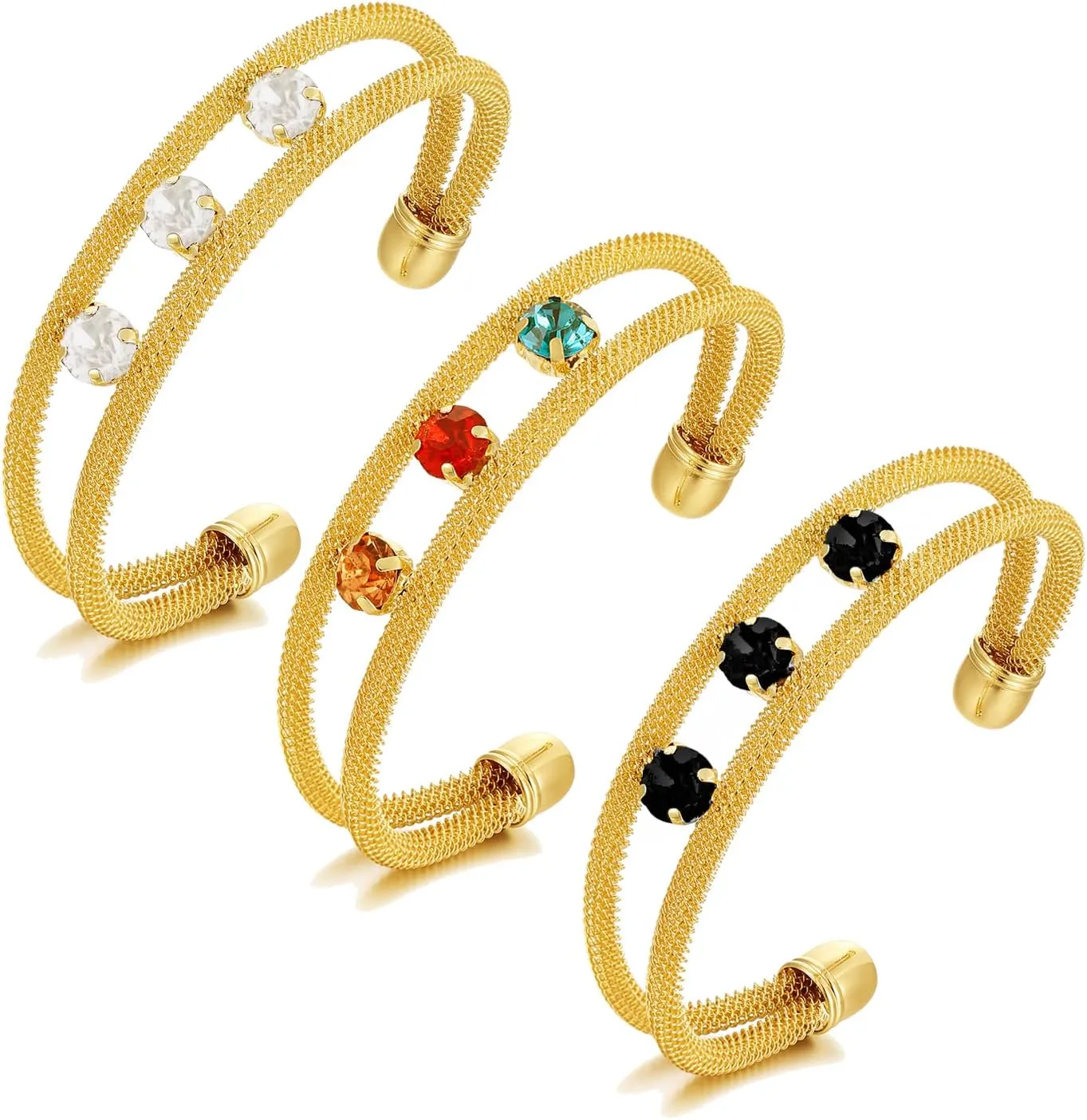 BROCC 3PCS Gold Plated Birthstone Bangle Bracelet for Women Adjustable Half Open Cuff Bangle Bracelet Stackable Round Shape Twist Braid Rope Bracelet