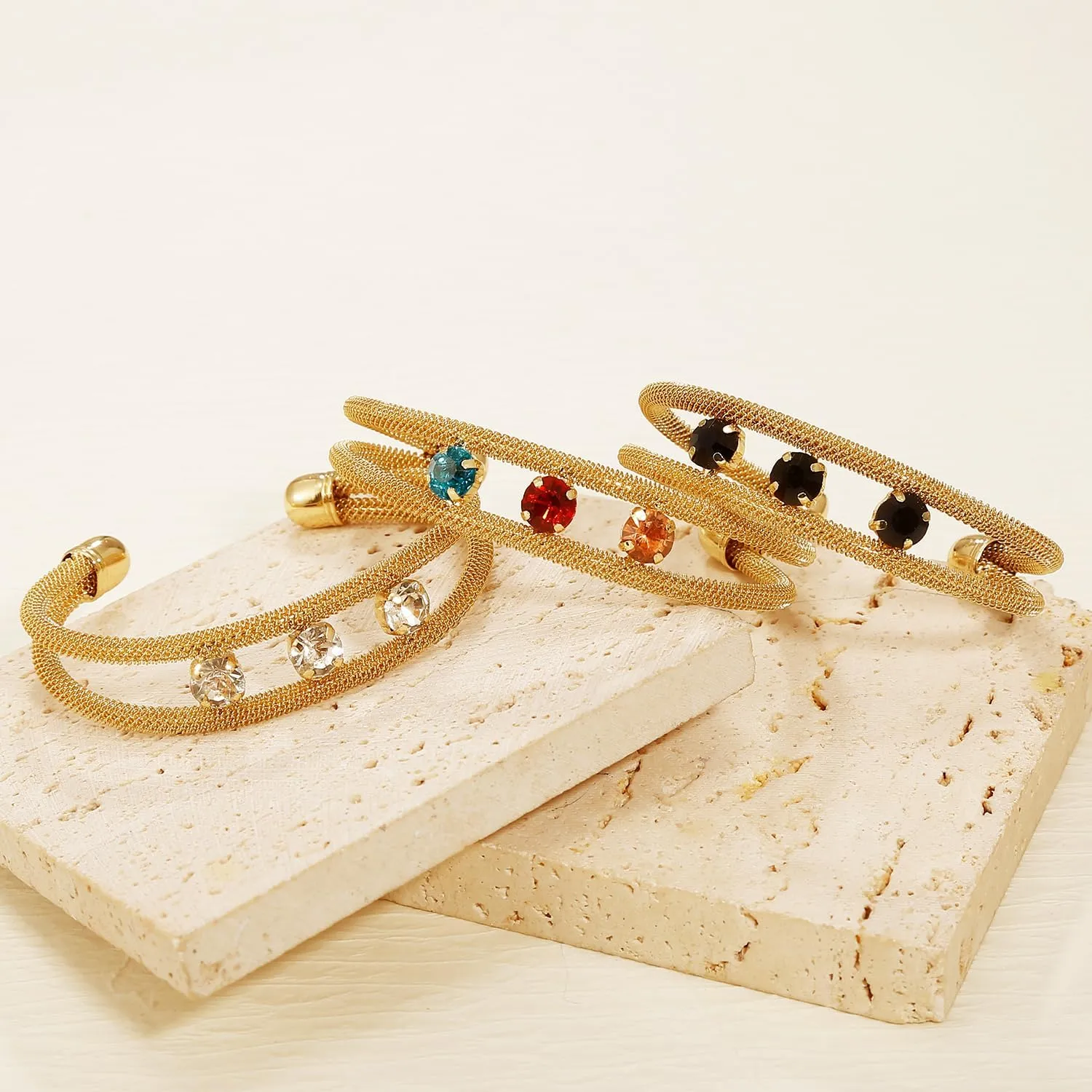 BROCC 3PCS Gold Plated Birthstone Bangle Bracelet for Women Adjustable Half Open Cuff Bangle Bracelet Stackable Round Shape Twist Braid Rope Bracelet