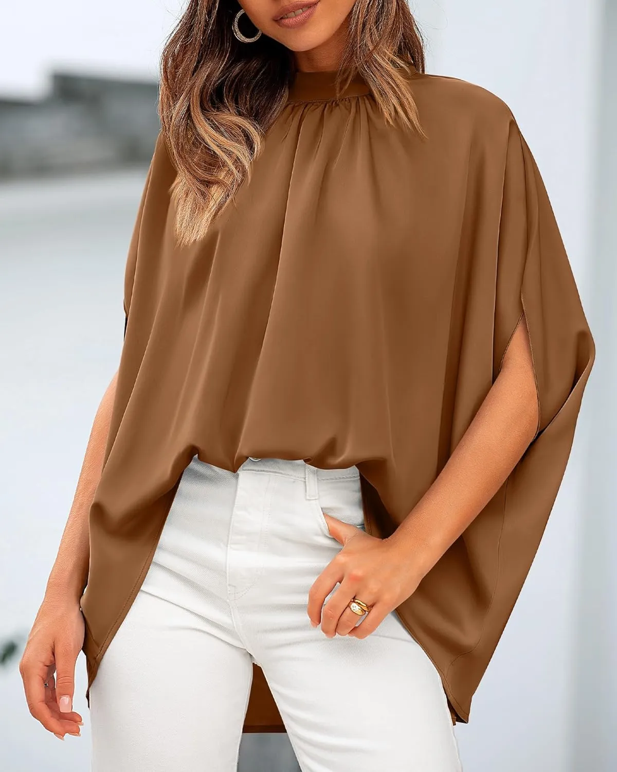 BTFBM Women Mock Neck Summer Tops 2025 Spring Batwing Short Sleeve Loose High Low Hem Casual Oversized Blouses Shirts
