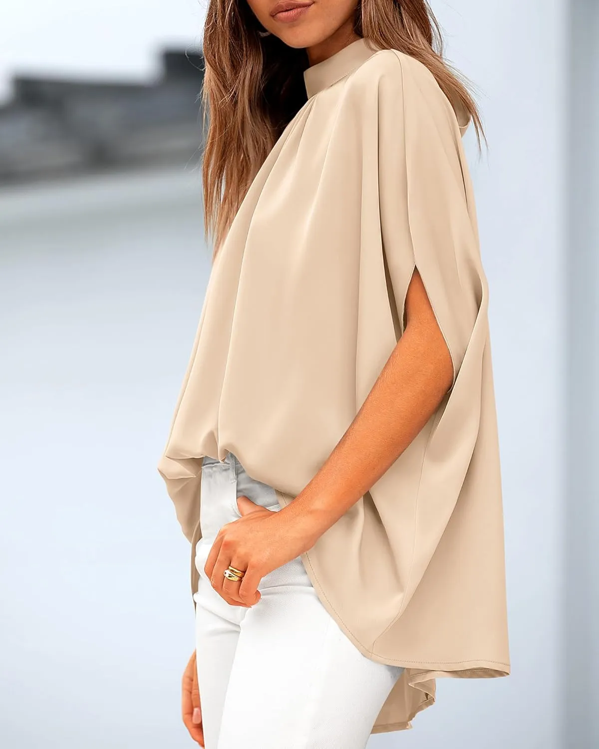 BTFBM Women Mock Neck Summer Tops 2025 Spring Batwing Short Sleeve Loose High Low Hem Casual Oversized Blouses Shirts