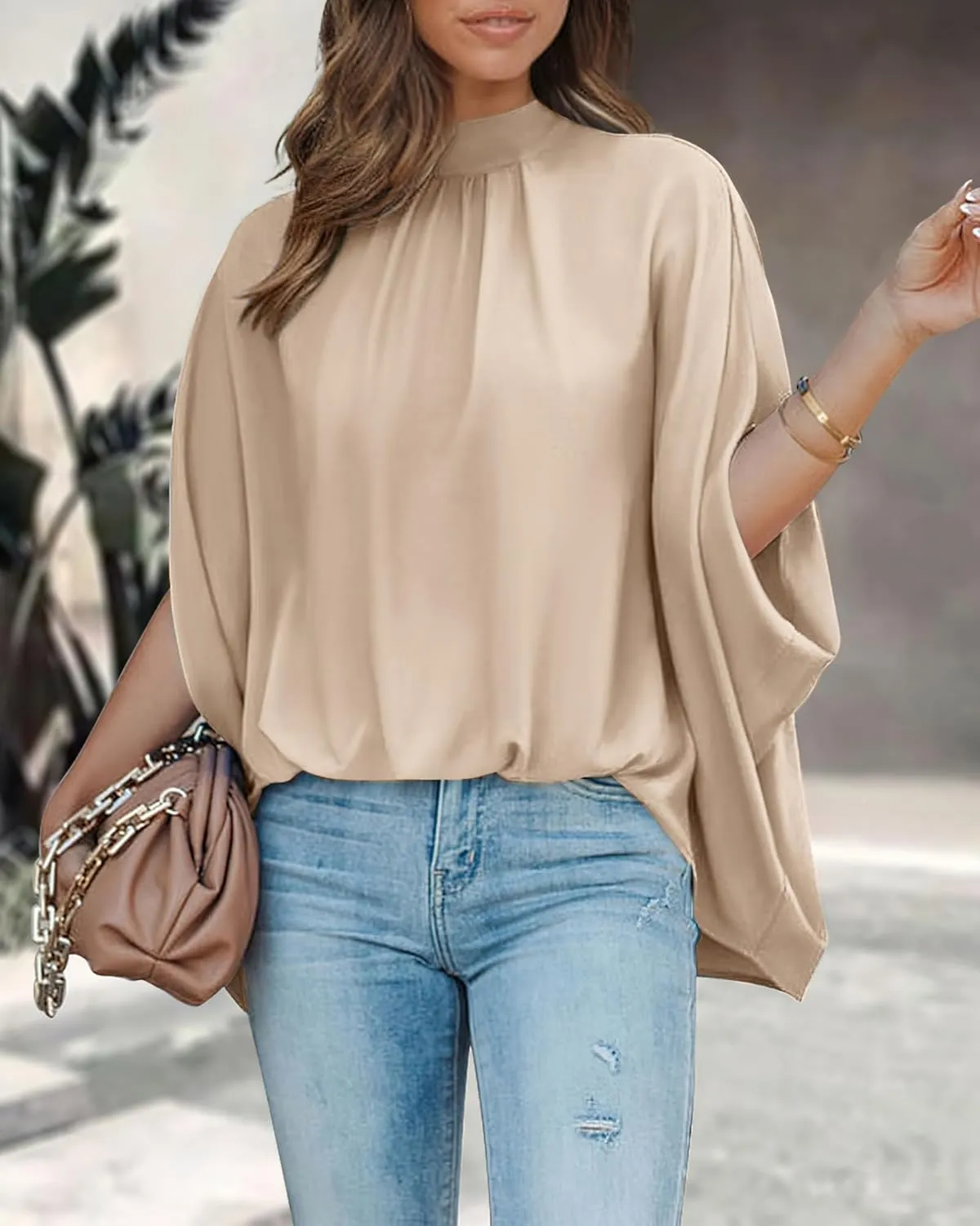 BTFBM Women Mock Neck Summer Tops 2025 Spring Batwing Short Sleeve Loose High Low Hem Casual Oversized Blouses Shirts
