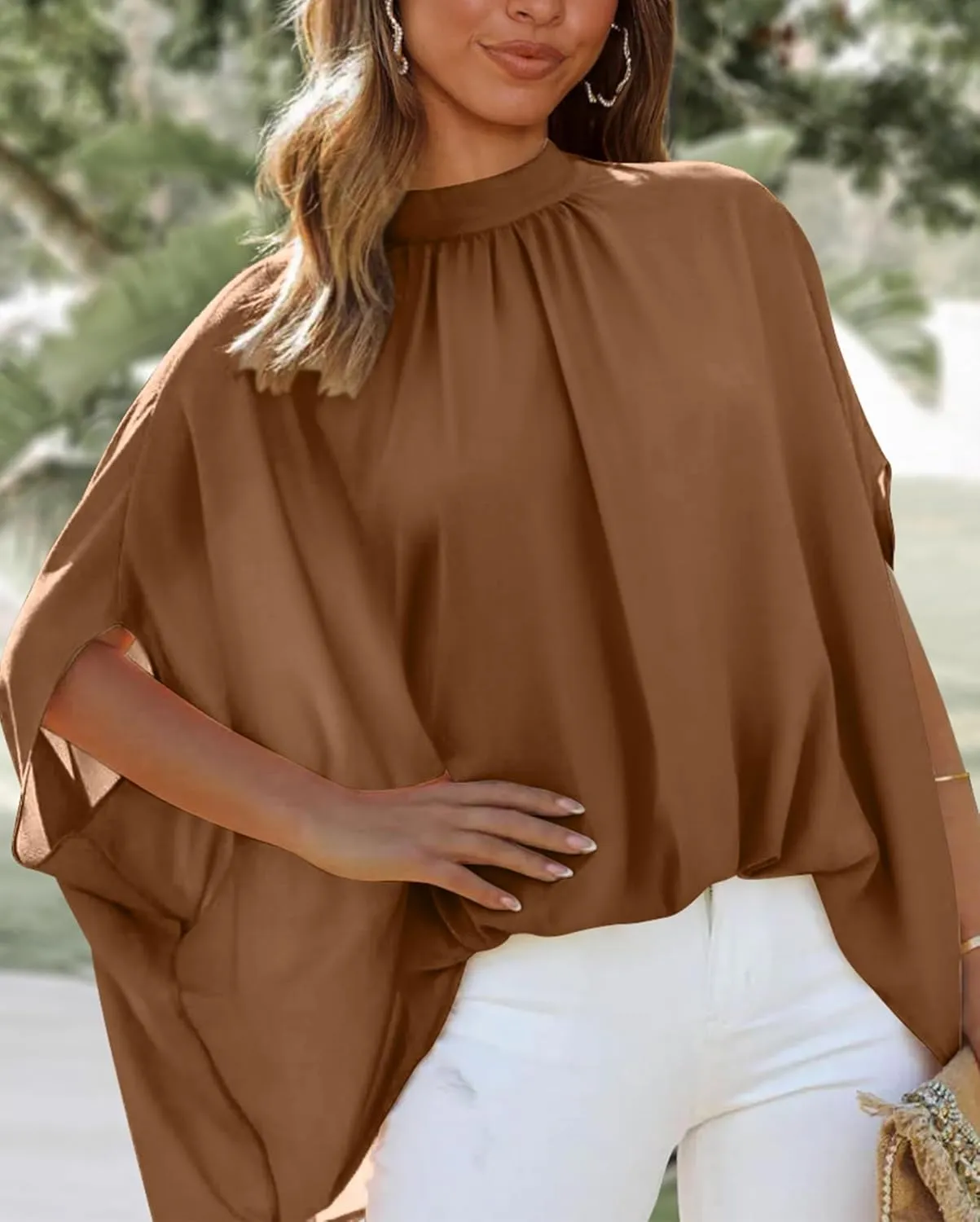 BTFBM Women Mock Neck Summer Tops 2025 Spring Batwing Short Sleeve Loose High Low Hem Casual Oversized Blouses Shirts