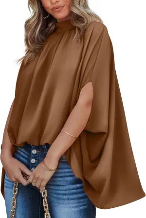 BTFBM Women Mock Neck Summer Tops 2025 Spring Batwing Short Sleeve Loose High Low Hem Casual Oversized Blouses Shirts