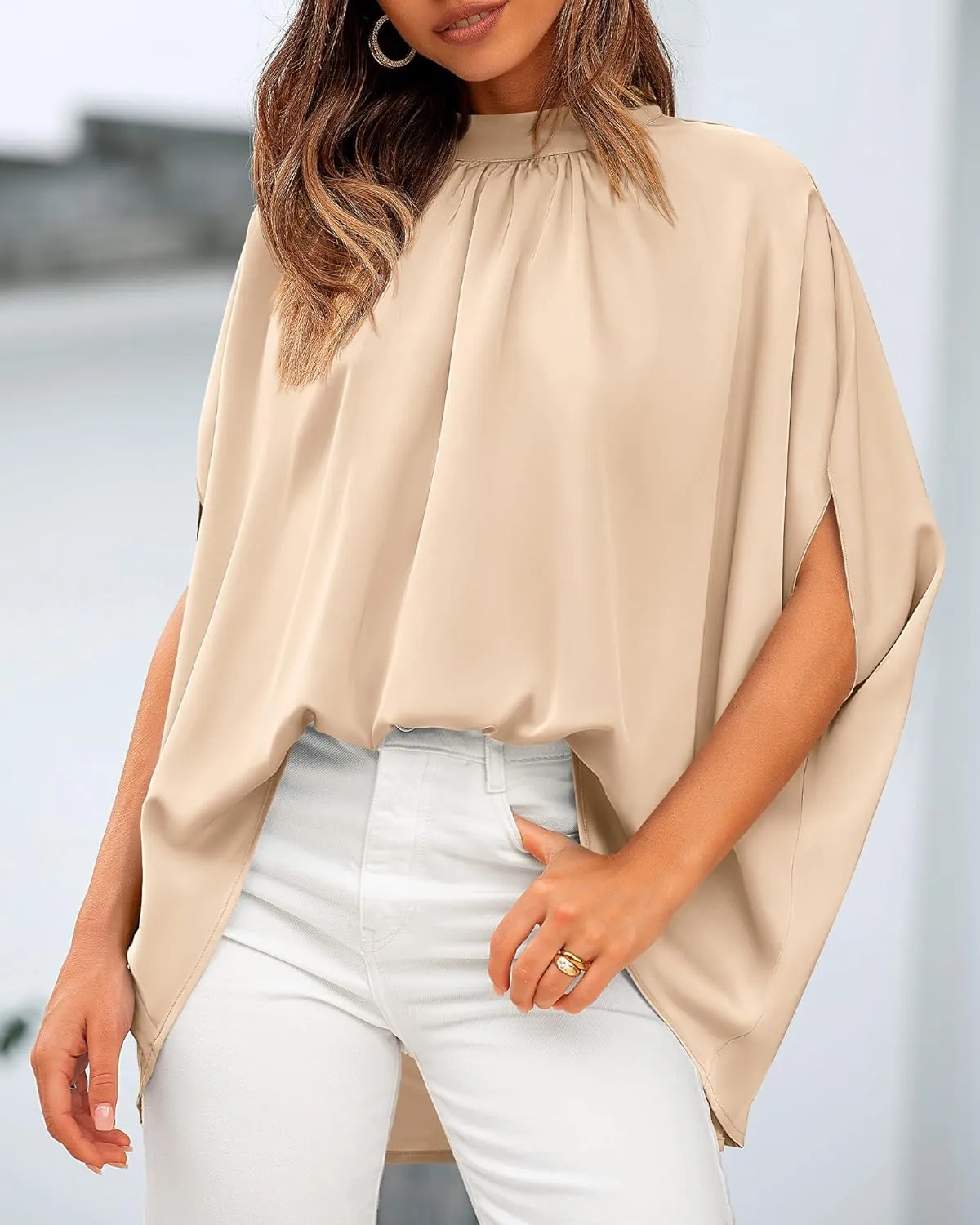 BTFBM Women Mock Neck Summer Tops 2025 Spring Batwing Short Sleeve Loose High Low Hem Casual Oversized Blouses Shirts