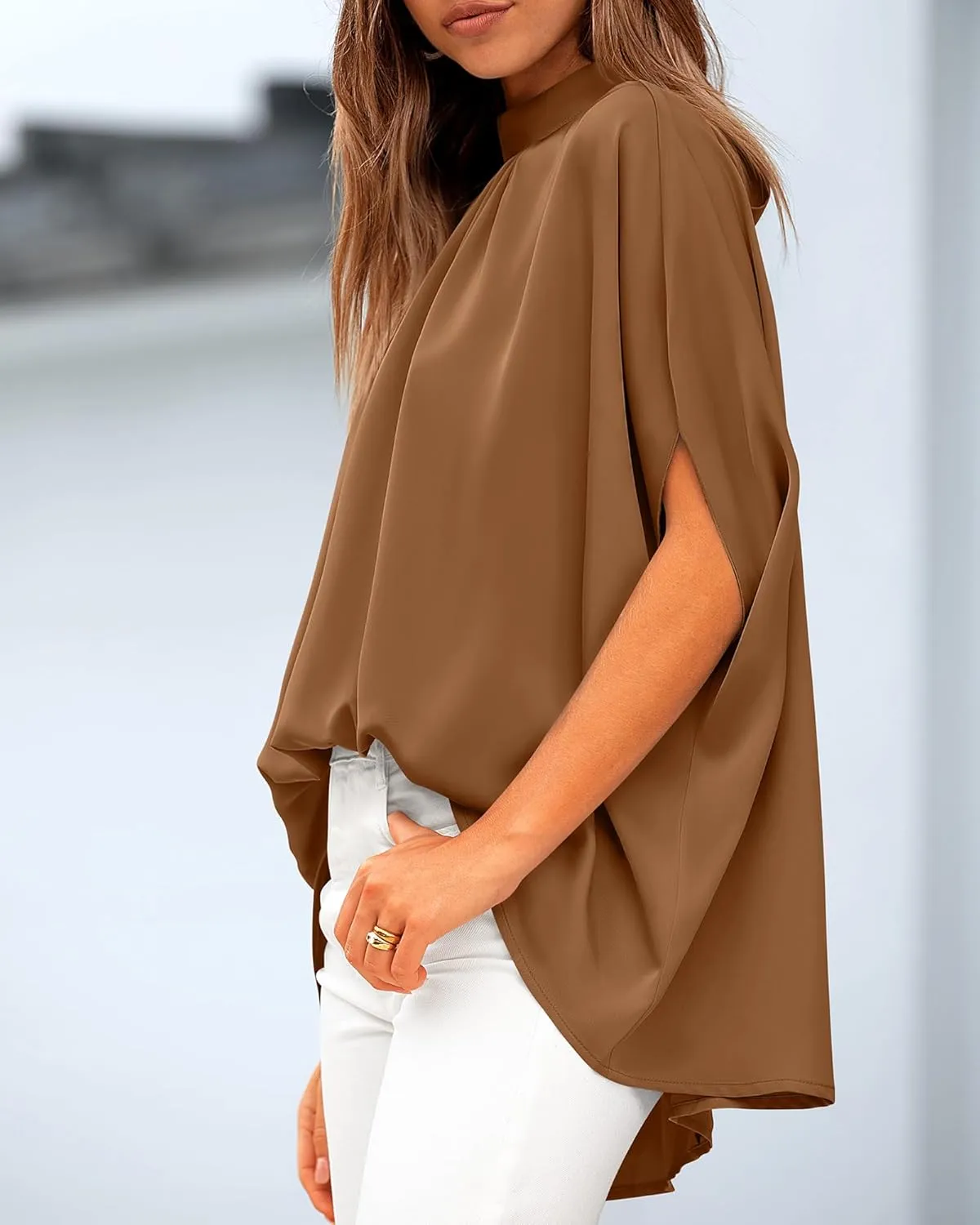 BTFBM Women Mock Neck Summer Tops 2025 Spring Batwing Short Sleeve Loose High Low Hem Casual Oversized Blouses Shirts