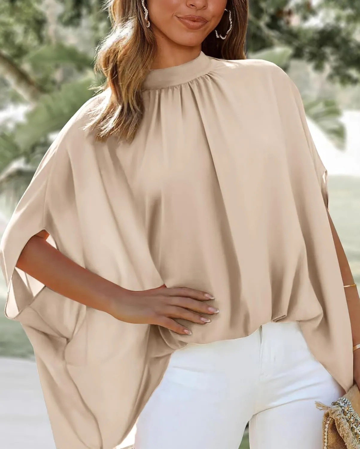 BTFBM Women Mock Neck Summer Tops 2025 Spring Batwing Short Sleeve Loose High Low Hem Casual Oversized Blouses Shirts