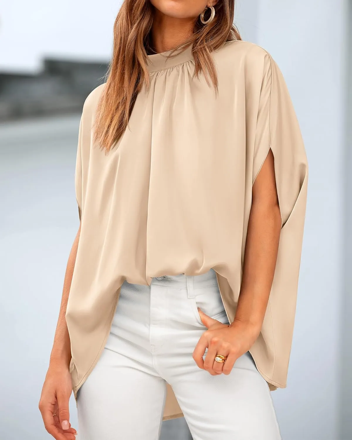 BTFBM Women Mock Neck Summer Tops 2025 Spring Batwing Short Sleeve Loose High Low Hem Casual Oversized Blouses Shirts