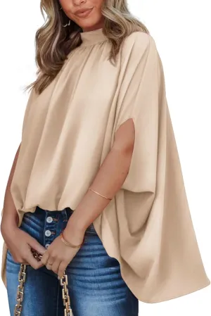 BTFBM Women Mock Neck Summer Tops 2025 Spring Batwing Short Sleeve Loose High Low Hem Casual Oversized Blouses Shirts