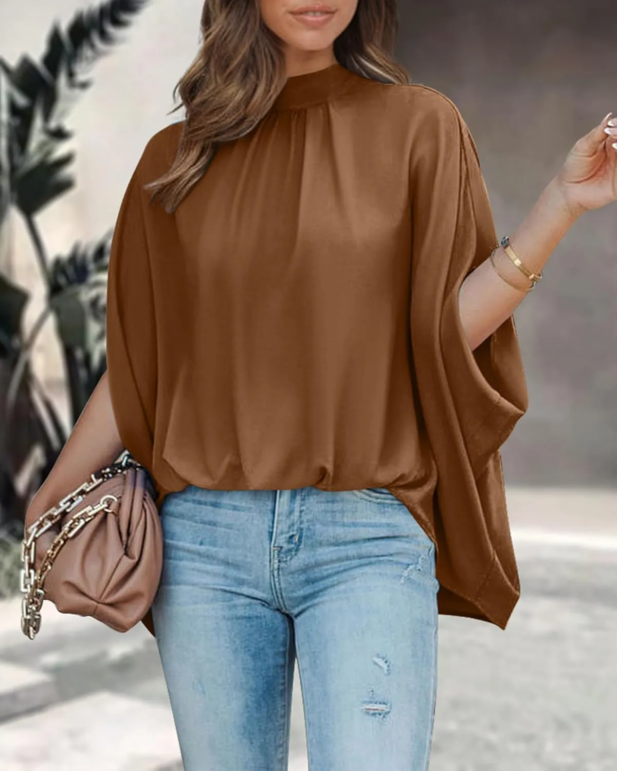 BTFBM Women Mock Neck Summer Tops 2025 Spring Batwing Short Sleeve Loose High Low Hem Casual Oversized Blouses Shirts