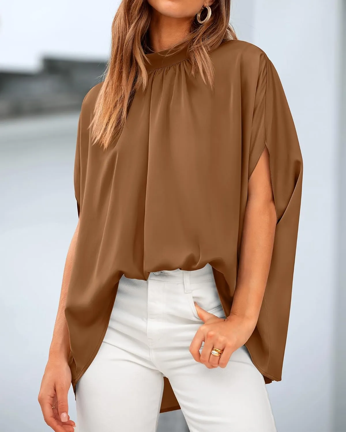 BTFBM Women Mock Neck Summer Tops 2025 Spring Batwing Short Sleeve Loose High Low Hem Casual Oversized Blouses Shirts