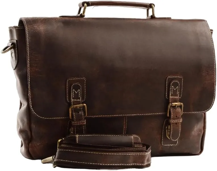 Buffalo Leather Briefcase Messenger Bag, Business Office Laptop Satchel Shoulder Bags For Men,16 Inch Medium