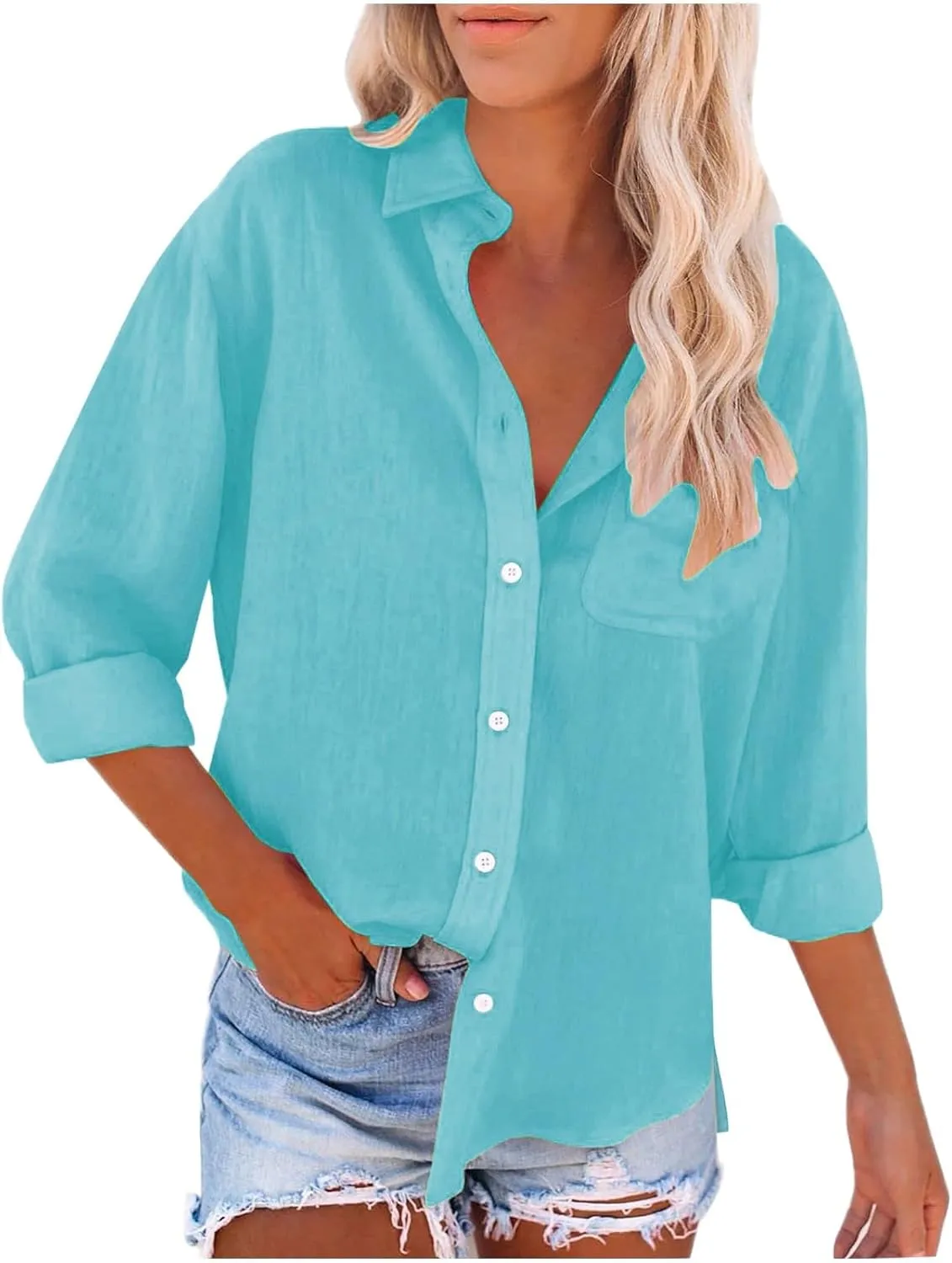 Button Down Shirts for Women Cotton Linen Long Sleeve Trendy Blouses Loose Fit Work Tops Comfy Vacation Beach Clothes