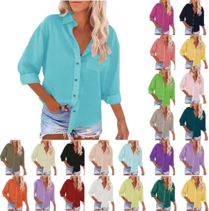 Button Down Shirts for Women Cotton Linen Long Sleeve Trendy Blouses Loose Fit Work Tops Comfy Vacation Beach Clothes