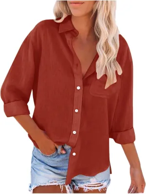 Button Down Shirts for Women Cotton Linen Long Sleeve Trendy Blouses Loose Fit Work Tops Comfy Vacation Beach Clothes